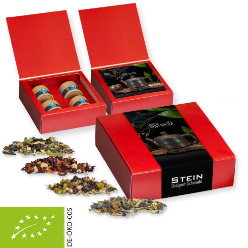 Verschiedene Teesorten, Bio und nicht-Bio, ca. 60-140g, Geschenk-Set Premium mit 4 Biologisch abbaubaren Eco Pappdosen Mini