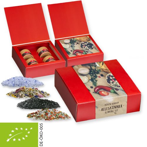 verschiedene Gewürzmischungen Bio und nicht Bio (Kategorie 3), ca. 64-440g, Geschenk-Set Premium mit 4 Biologisch abbaubaren Eco Pappdosen Mini