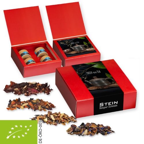 Verschiedene Weihnachts Teesorten, Bio und nicht-Bio, ca. 120g, Geschenk-Set Premium mit 4 Biologisch abbaubaren Eco Pappdosen Mini