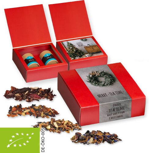 Verschiedene Weihnachts Teesorten, Bio und nicht-Bio, ca. 120g, Geschenk-Set Premium mit 2 Biologisch abbaubaren Eco Pappdosen Midi